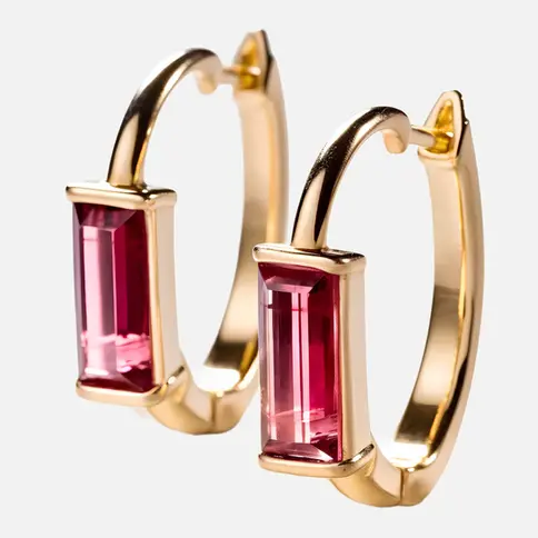Red gemstone gold hoop earrings