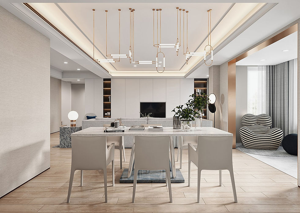 Modern dining room with white table and chairs, stylish lighting