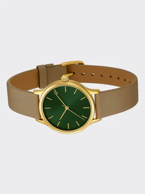 Vintage-inspired watch with a green dial and light brown strap