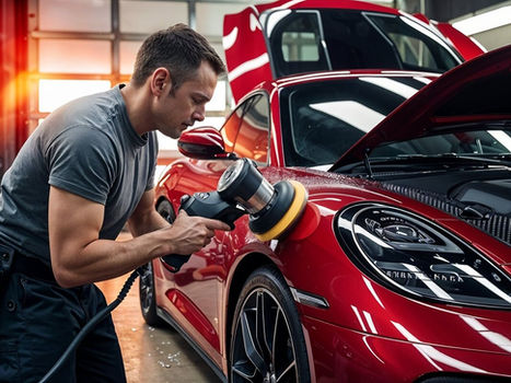 Mechanic polishing a red sports car in a garage