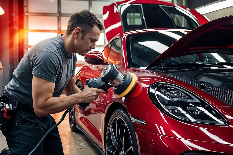 Professional polishing a red sports car in a garage