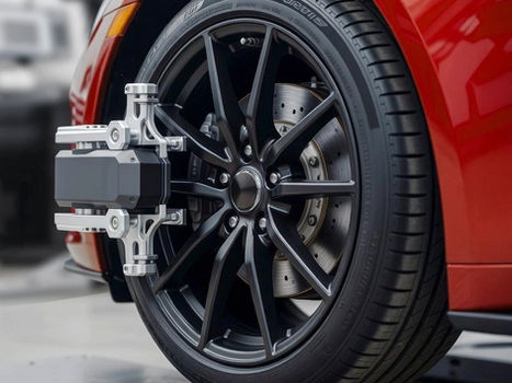Red car wheel undergoing professional alignment service