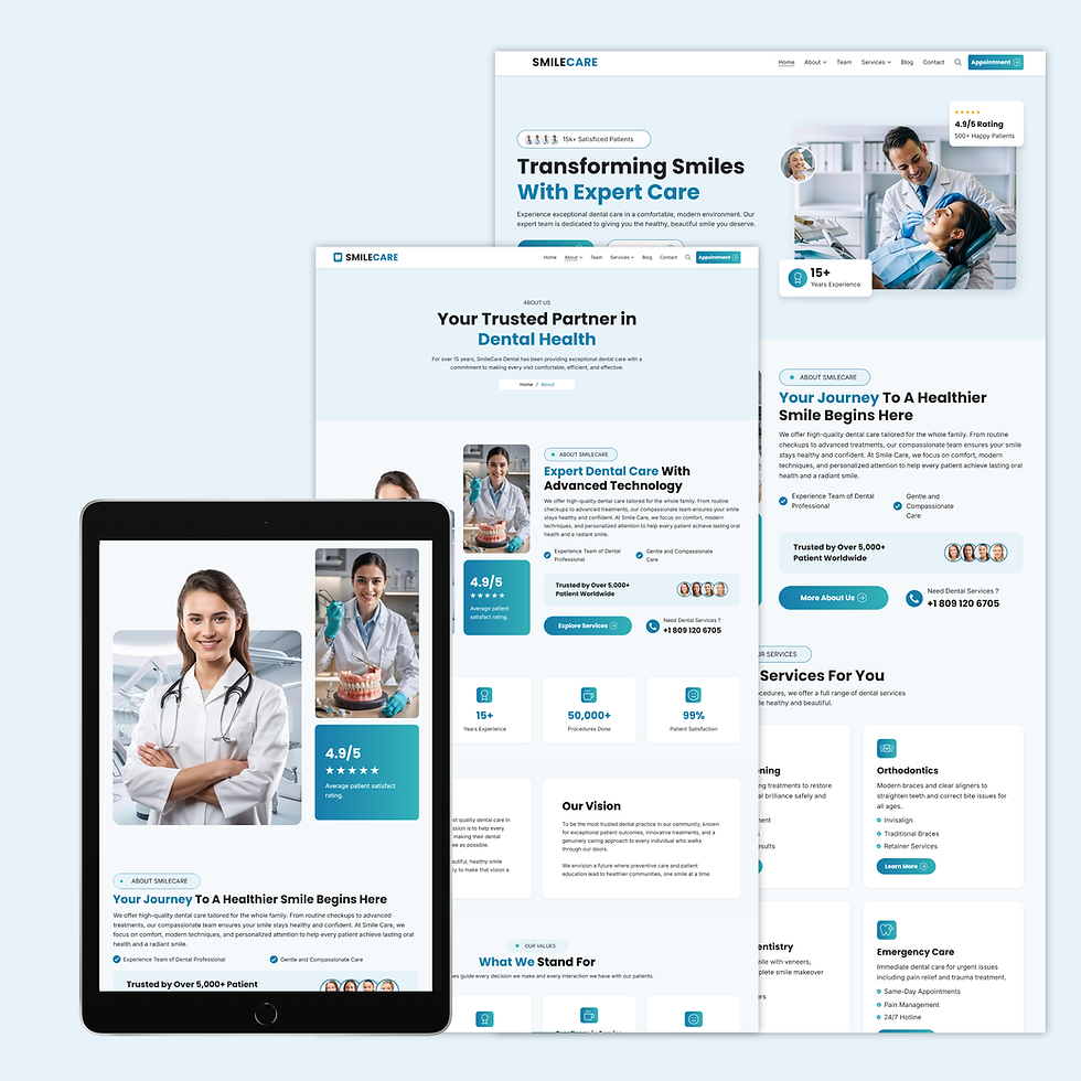 Smile Care ranks among the best medical website templates for aesthetic clinics, cosmetic dentistry