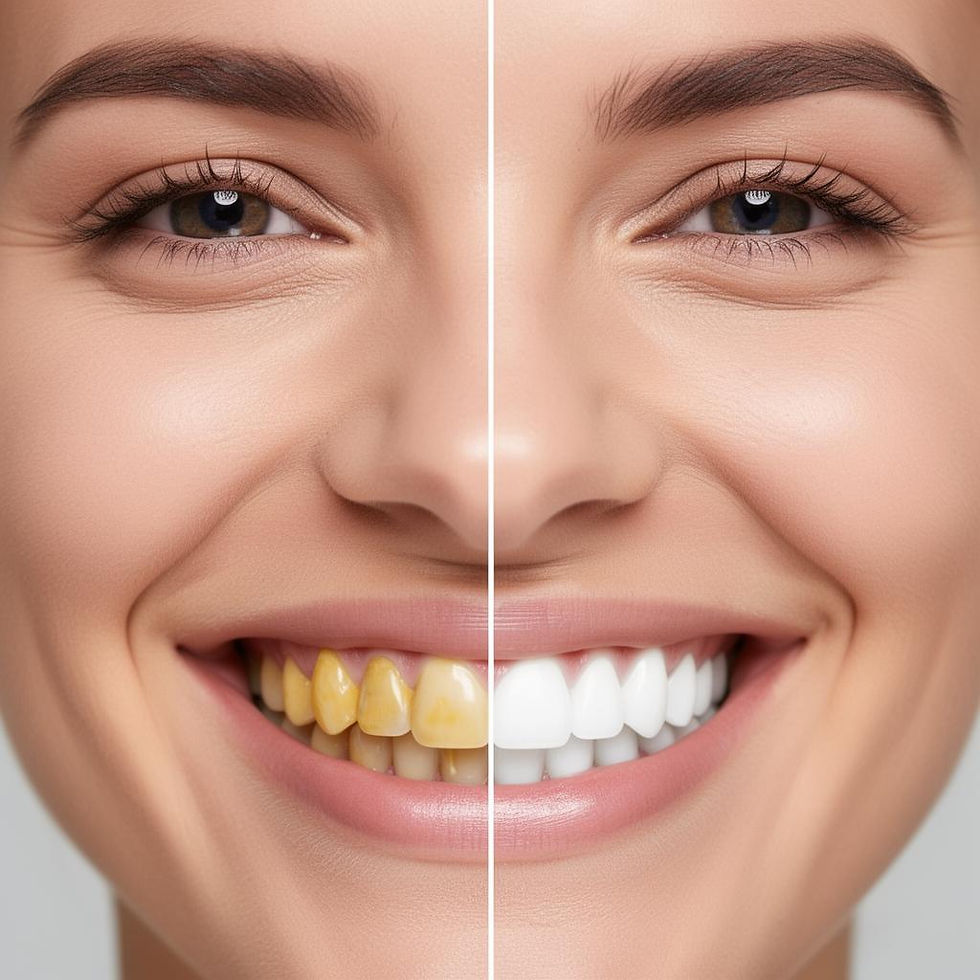 Woman's smile: yellow teeth before, white teeth after
