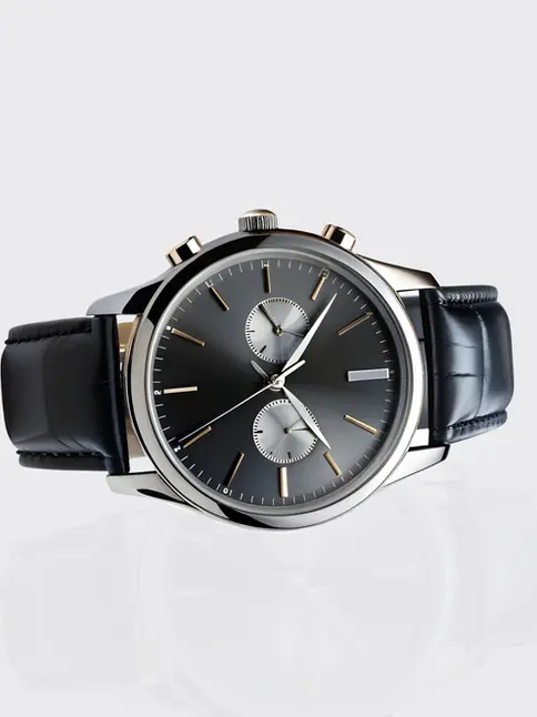 Vintage-inspired watch, dark dial, black leather strap