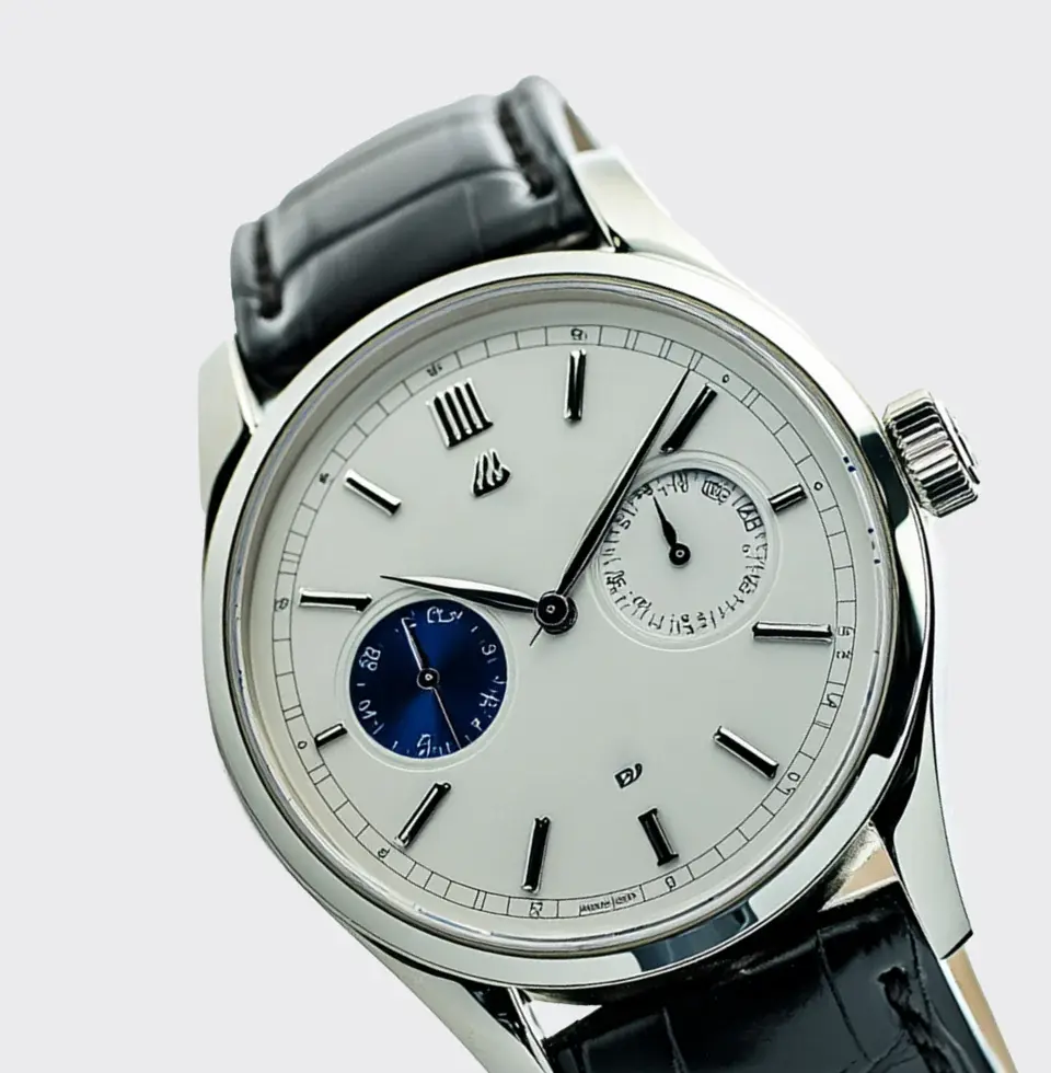 Silver watch, white dial, blue sub-dial, black strap