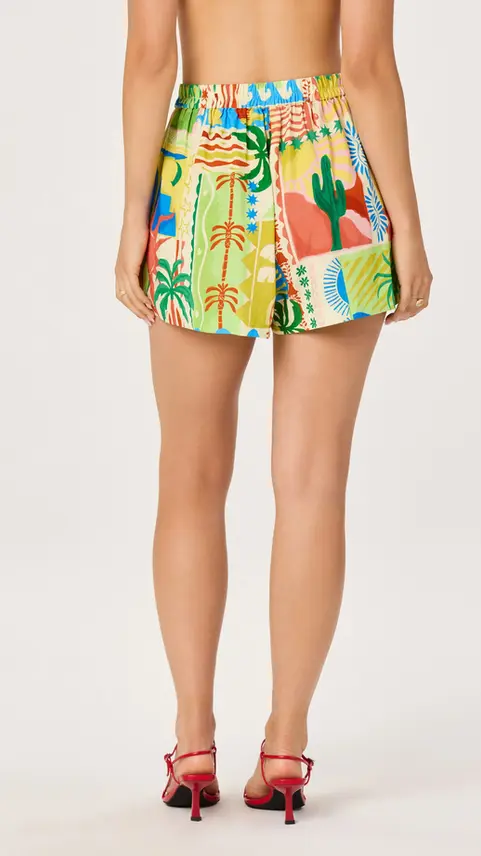 Back view of shorts with a colorful tropical desert print.