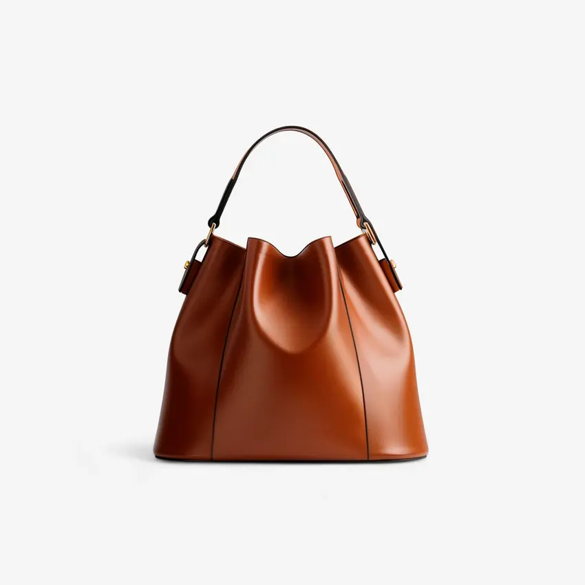 Brown leather handbag on white background, Daily Essentials Bag, stylish design for everyday use.