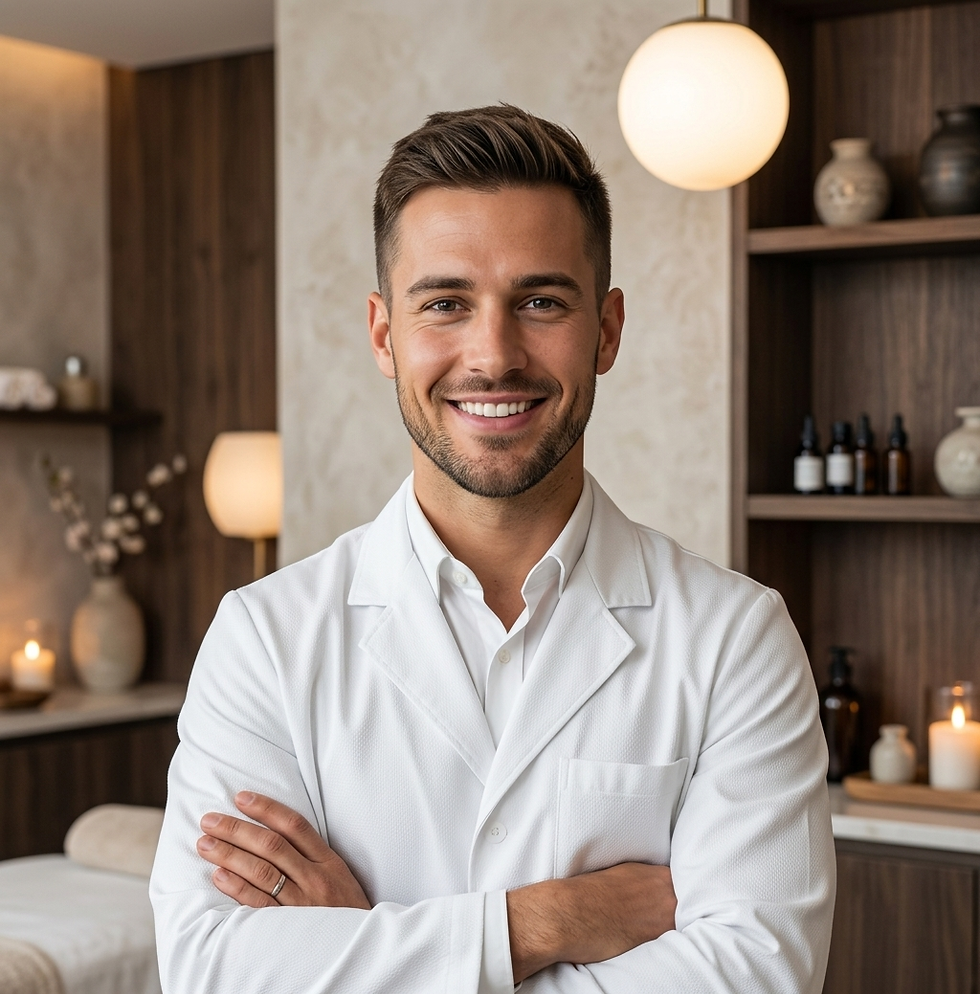 Smiling male professional in a white coat with arms crossed