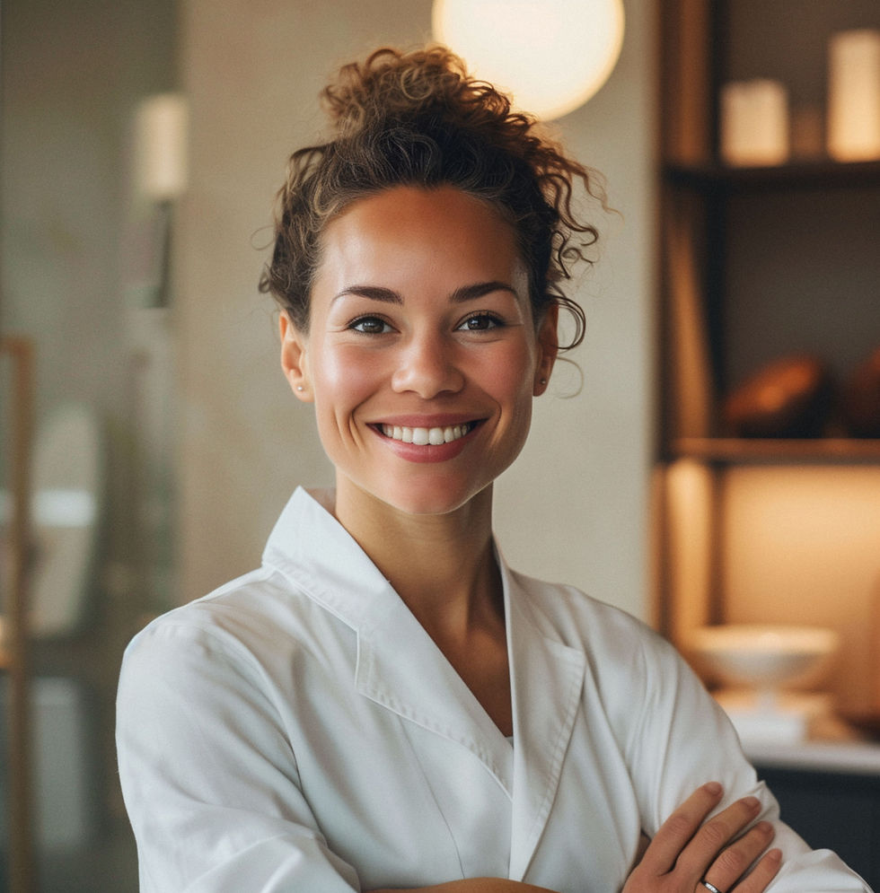 Smiling female professional in a white coat