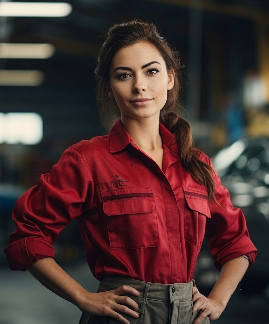 Female mechanic in a red work shirt standing in a garage