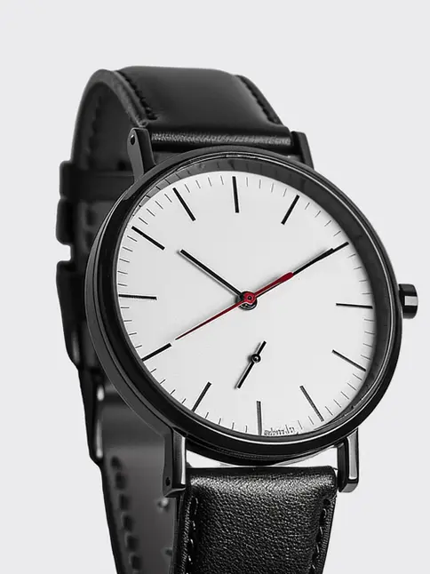 Vintage-inspired watch, black leather strap, white face