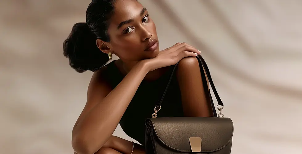Woman poses with a purse; fashion model in studio background and light.