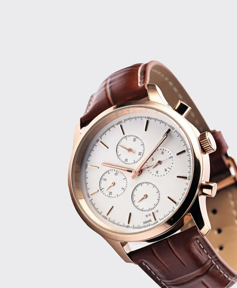 Rose gold watch with brown leather strap
