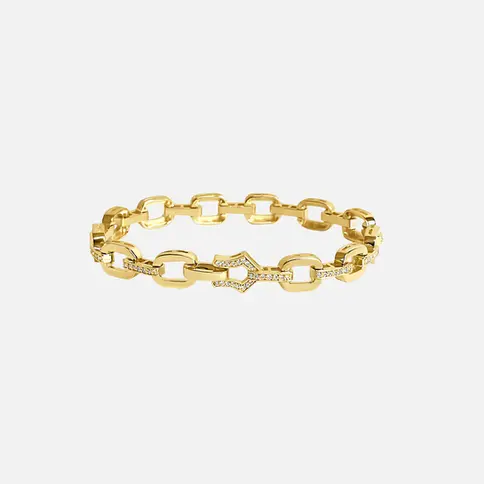 Gold chain bracelet with square links and diamond accents