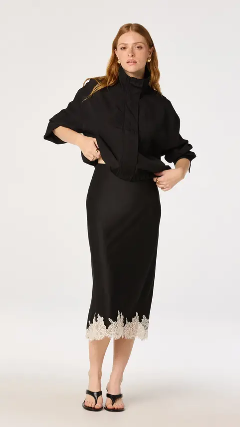 Model wearing a black Kristen Pointelle Collar Cardigan