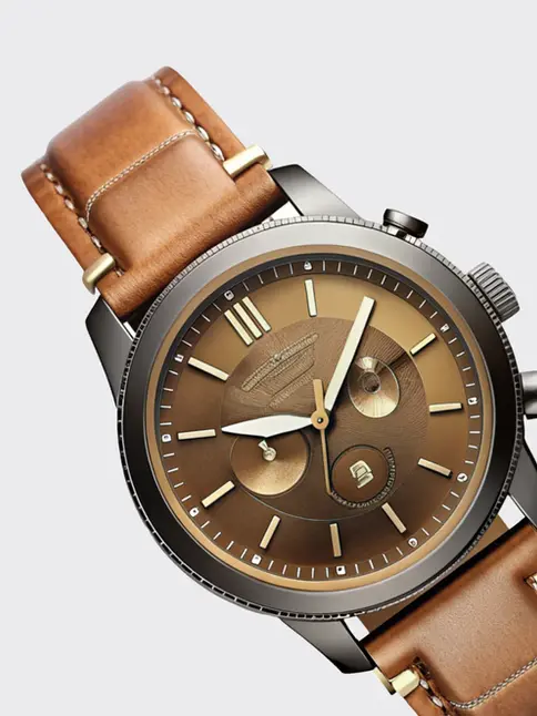 Vintage-inspired watch, brown leather strap, bronze dial