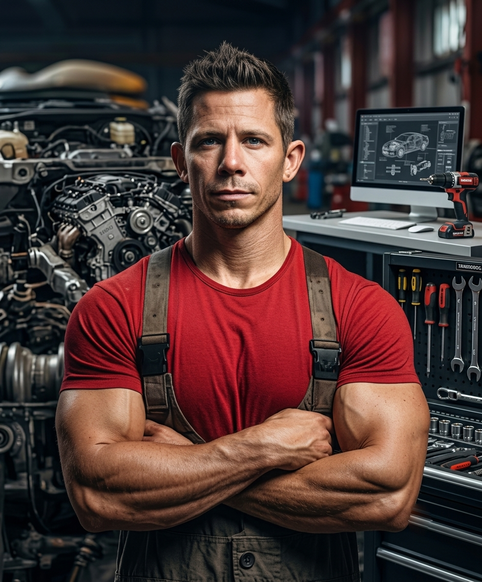 Muscular mechanic in red shirt standing in auto shop.