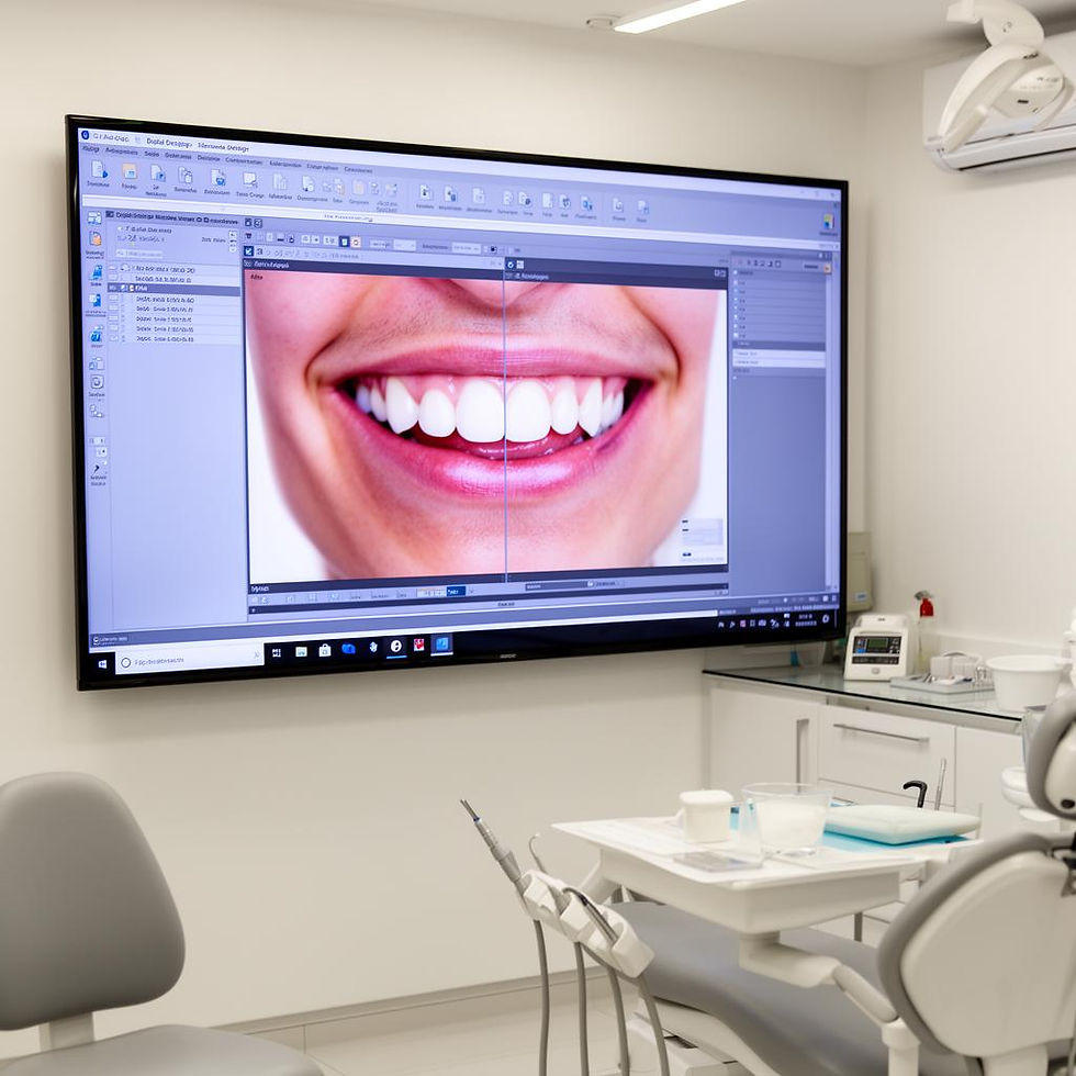 Large screen in a dental office displaying a bright smile