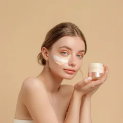 Woman applying face cream, skincare product