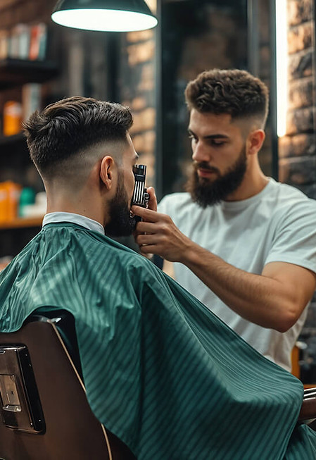 Barber trimming a man's beard in a vintage barbershop.