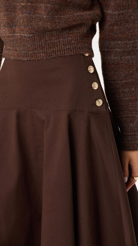 Brown button-detail skirt with Jackeline scarf cardigan