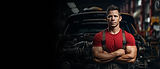 Mechanic in red shirt standing before a car engine