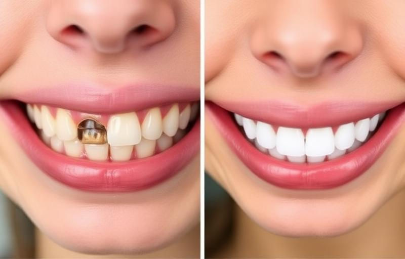 Smile with gold crown before, then perfect white teeth after