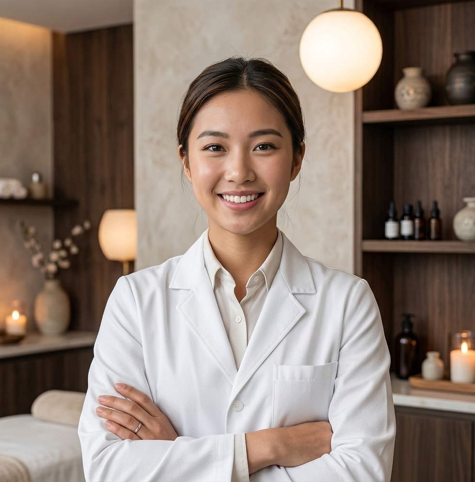 Smiling female practitioner in a white lab coat.