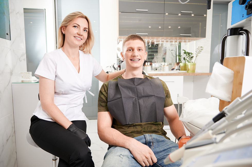Happy patient with dentist, bright smile, dental services