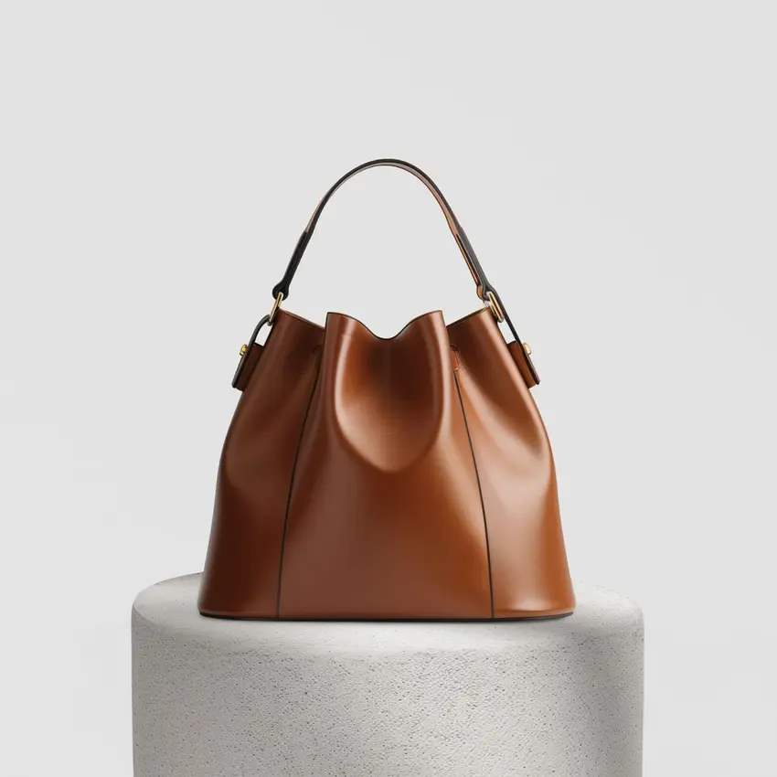 Brown leather handbag on display Daily Essentials Bag against a white background.