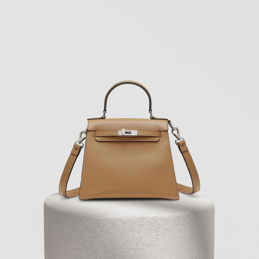 Tan leather handbag with handle and strap on a white pedestal.