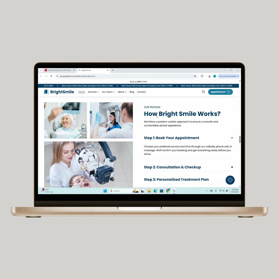 Premium BrightSmile Wix Template about page with clinic mission