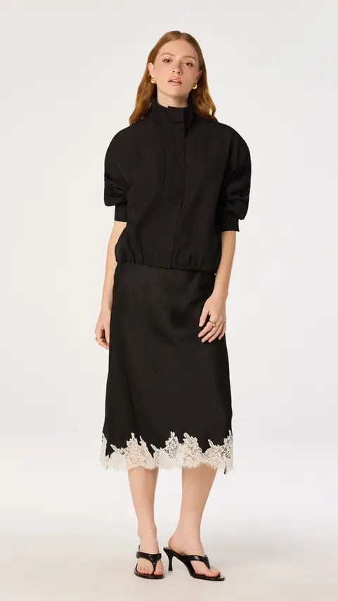 Black Kristen Pointelle Collar Cardigan with lace-trimmed skirt