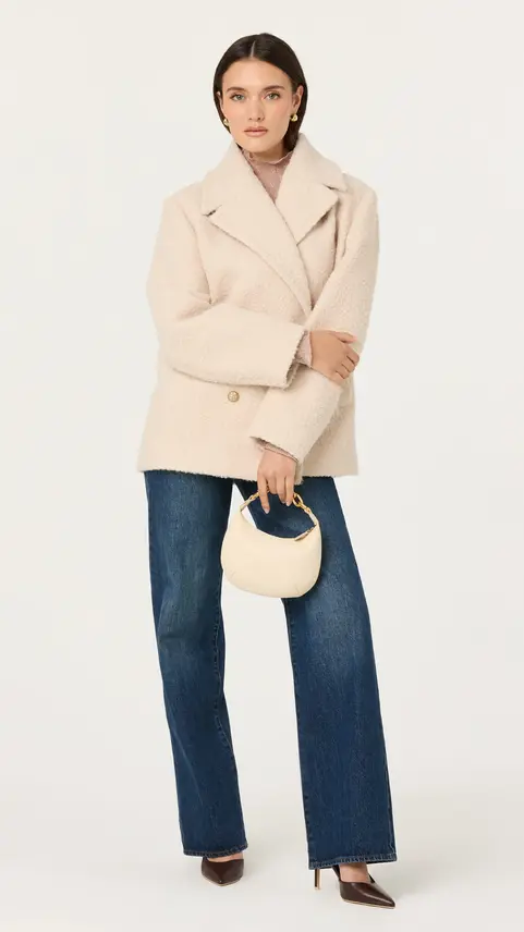Jackeline Asymmetrical Scarf Cardigan with jeans and handbag