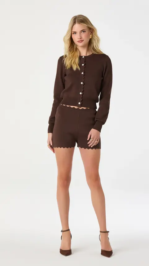 Woman in brown Cytherea Asymmetric Ruffle Midi Dress set