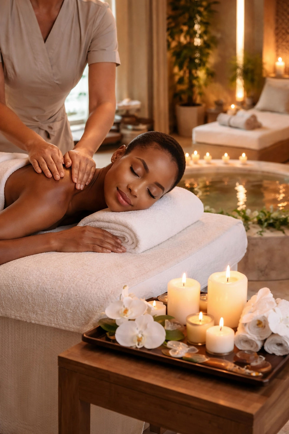 Woman receiving a relaxing back massage at a candlelit spa.