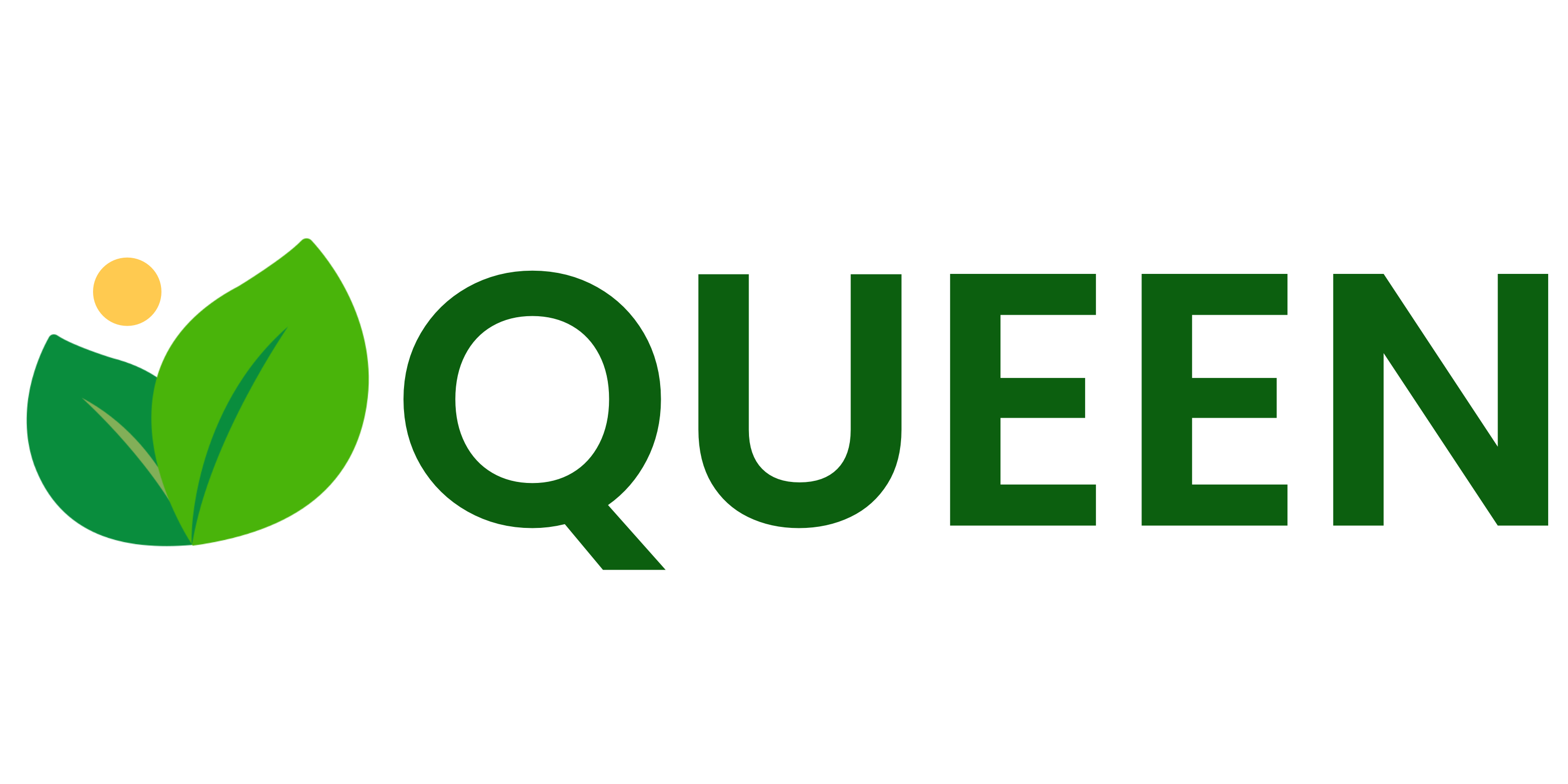 Queen logo: green text with leaf and sun