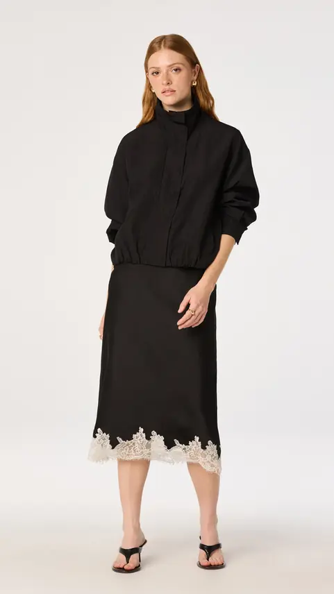 Woman wearing Kristen Pointelle Collar Cardigan in black