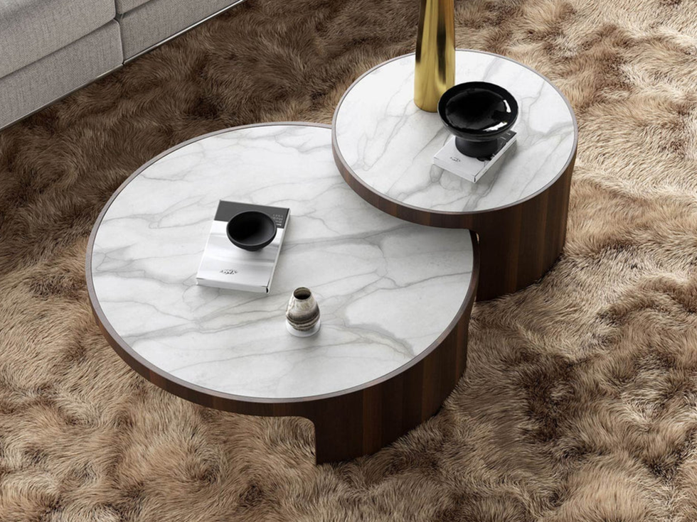 Marble-topped coffee table with books and vase on a shaggy brown rug.