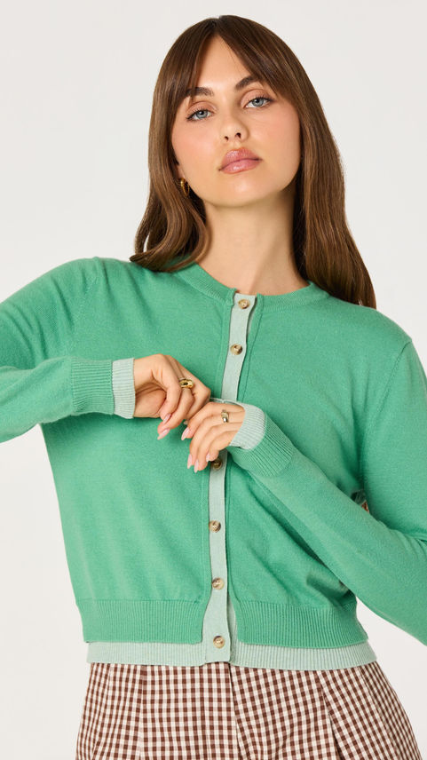 Woman wearing the green Kristen Pointelle Collar Cardigan