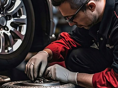 Mechanic in gloves inspecting a vehicle tire in a garage.