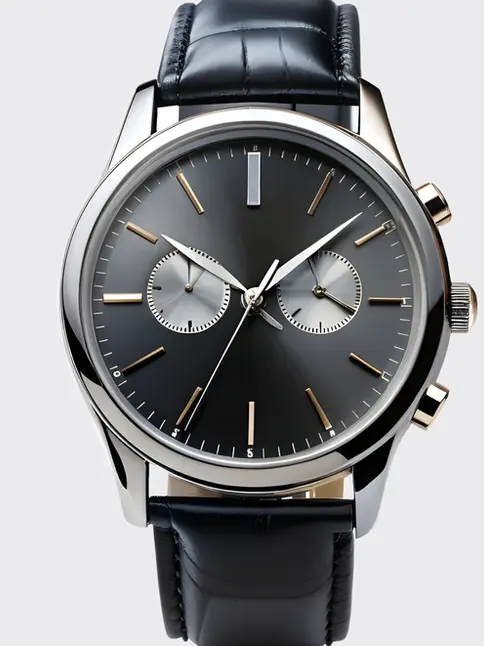 Vintage-inspired watch with dark dial and black leather strap