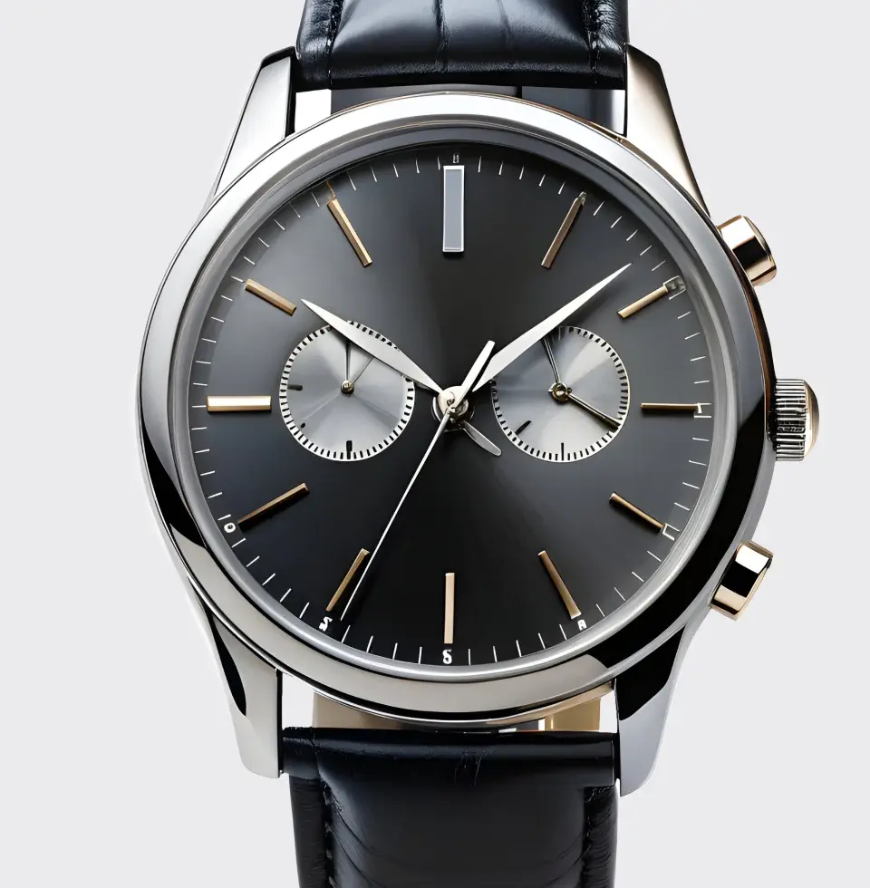 Silver watch with black dial and black leather strap