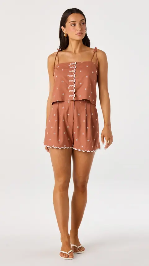 Brown patterned two-piece set with ric rac trim