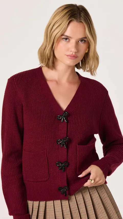 Model wearing Jackeline Asymmetrical Scarf Cardigan in burgundy