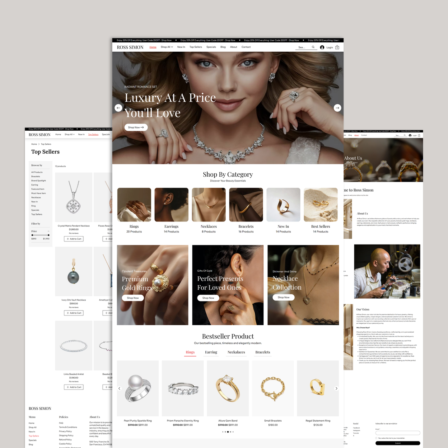 Luxury ALA Price: Jewelry website design showcasing rings, necklaces, and earrings