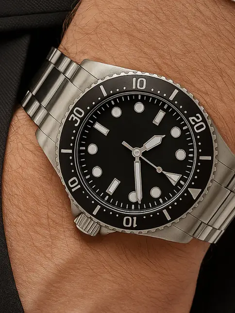 Silver vintage-inspired watch with black face on wrist