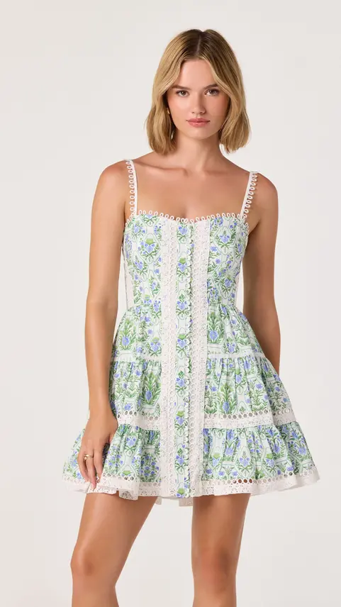 Woman wearing a floral print mini dress with lace trim