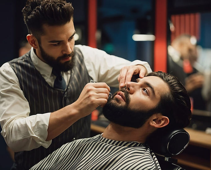 Barber grooming a man's beard in a barbershop